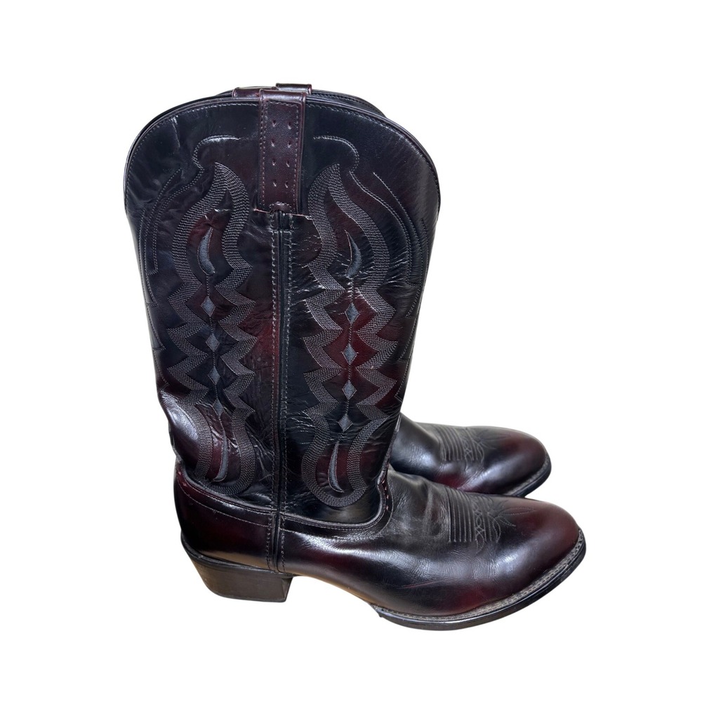 Roadwolf Cowboy Boots Mens 13W Black Cherry Leather Flame Stitch 1045